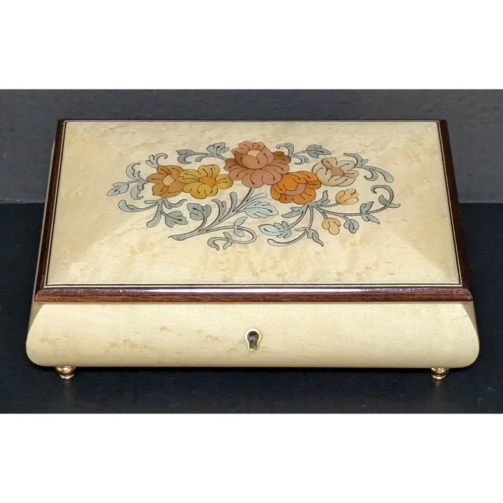 Vtg 1970s Italian Floral Marquetry Jewelry Music Box Works 